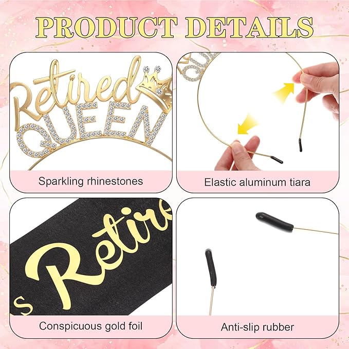 2 Pcs Retirement Party Decorations Retired Sash Retired Queen Tiara Crown for Women Retirement Gifts Black Sash and Gold Rhinestone Headband for Party Supplie, Gifts, Favors