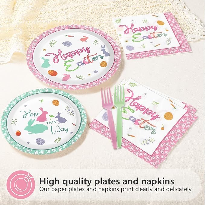 96Pcs Happy Easter Plates and Napkins Bunny Egg Disposable Easter Plates Egg Bunny Colorful Disposable Easter Paper Tableware Set for Happy Easter Spring Celebrations Birthday Party Supplies Serves 24
