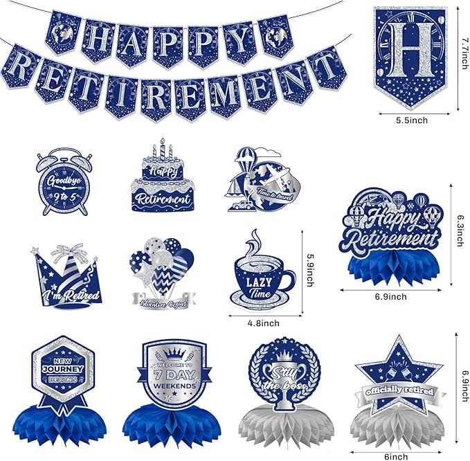 12Pcs Retirement Party Decorations for Men Women Blue Silver Happy Retirement Banner Honeycomb Centerpiece Swirls Party Supplies Retired Farewell Party Set Work Graduation Party Decorations