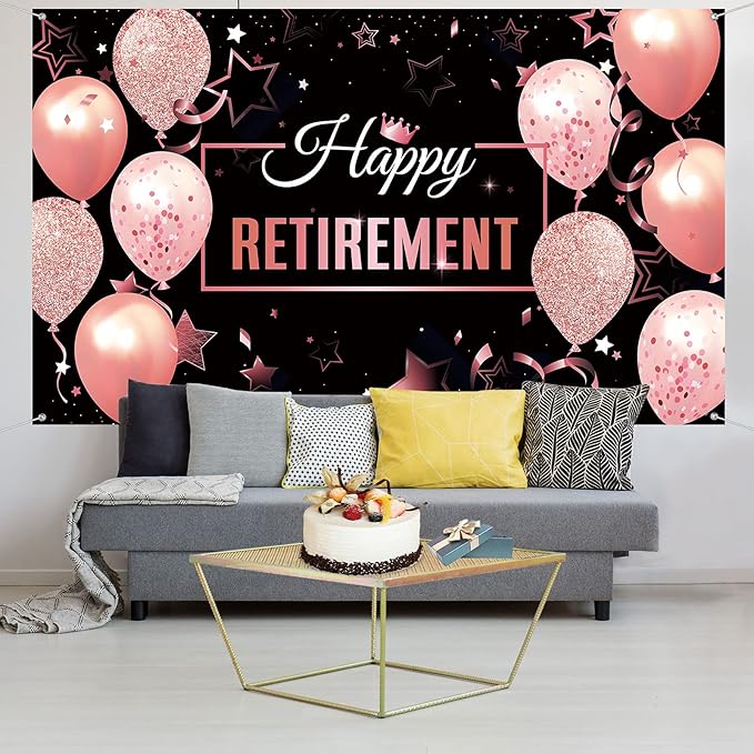 Blulu Retirement Party Decorations, Extra Large Fabric Retire Sign Banner Photo Booth Backdrop Background with Rope for Retirement Party Favor(72.8 x 43.3 Inch,Black and Rose Pink)