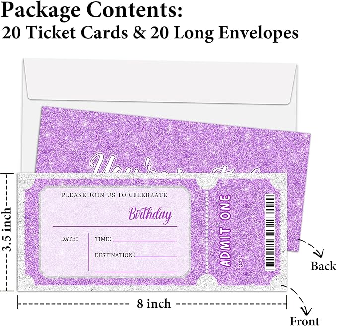 Purple Glitter Birthday Invitation Ticket, Purple Glitter Birthday Invitation for Teen Adult, 20 Pink Ticket With Envelopes, 3.5 x 8" Double-Sided Fill In Birthday Party Personalized Invites Cards - C