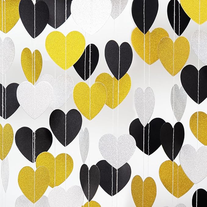 Silver Black Gold Party Decorations - 52Ft Paper Heart Garland Streamers Banner Birthday New Years Eve Retirement Graduation Anniversary Classroom Office Hanging Decor Supplies HongTongTong