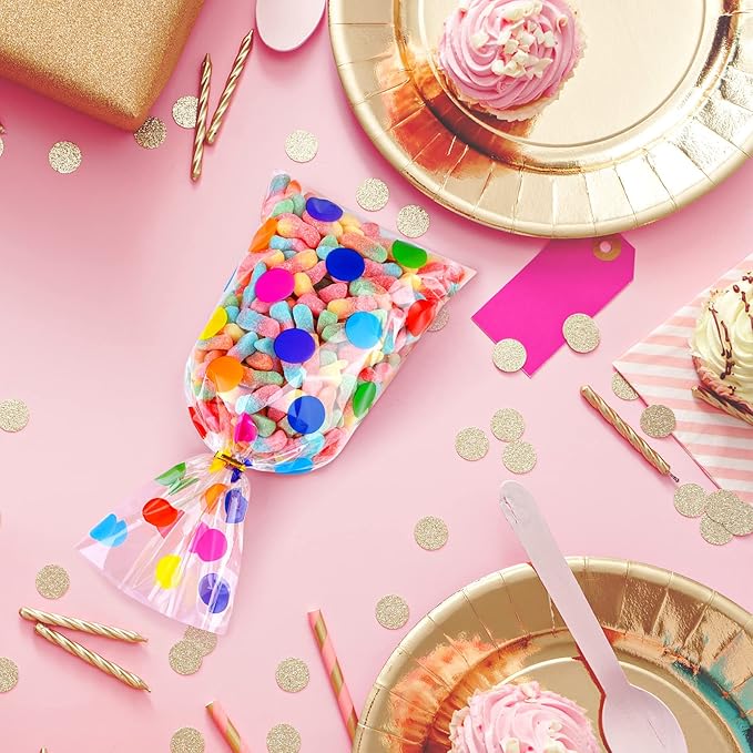 Aodaer 100 Pieces 10.6 x 5.1 In Rainbow Cellophane Bags Plastic Candy Gift Bag Cellophane Treat Bags with Twist Ties Stripes Polka Dot Printed Pattern Goodie Bag for Birthday Weddings Party Favors
