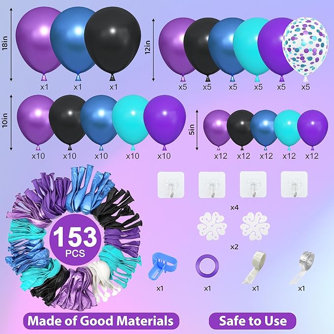 Amandir 153pcs Black Purple Blue Balloon Arch Garland Kit, Different Sizes 18 12 10 5 inch Confetti Teal Metallic Blue Purple Balloons for Video Outer Space Themed Shower Birthday Party Decorations