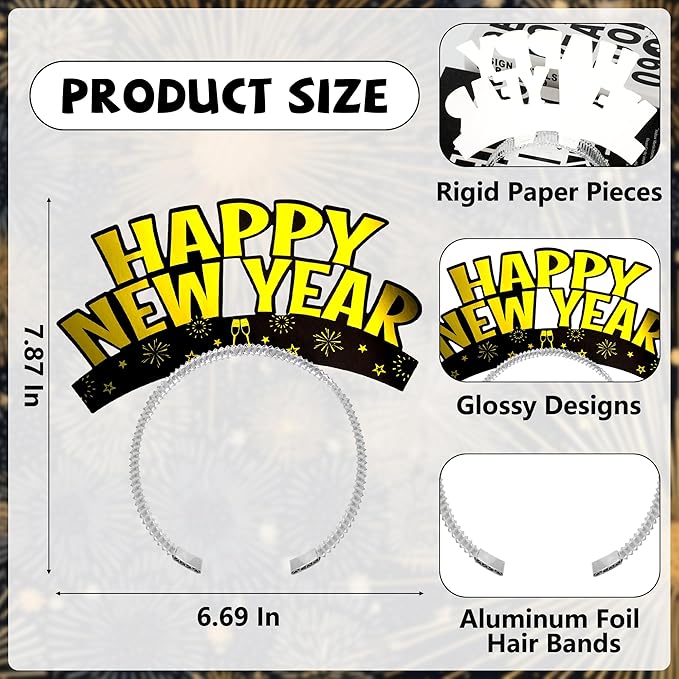 Melisheer 12 PCS New Years Eve Party Supplies, Happy New Years Headband Party Favors Gold Silver Black Headband Accessories