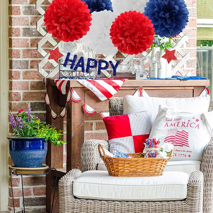 Fourth-4th of July Imemorial-Day Party-Decorations - 8pcs Red White Blue Patriotic Banner Hanging USA Garland Streamers, Paper Tissue Pom Poms Flowers,America Independence Day Decor Lasting Surprise