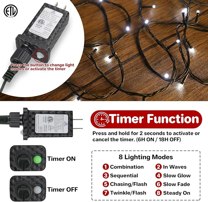 33FT Christmas Decorative Mini Lights, 100 LED Green Wire Fairy Starry String Lights Plug in, Timer & Memory & 8 Modes, for Indoor Outdoor Xmas Tree Wedding Party Decoration, Cool White