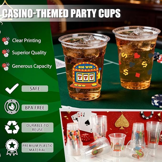 50 Pcs Casino Party Cups, 16 Oz Casino Plastic Cup Poker Clear Disposable Drinking Cups for Poker Game Night Themed Party Decoration Birthday Wedding Party Supplies