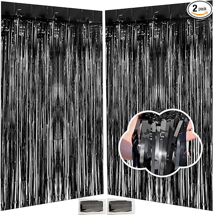 Black Fringe Backdrop Party Decorations 3.3 x 8.2 ft, 2 Pack Foil Fringe Curtains Door Streamers, Black Tinsel Backdrop for Birthday Halloween Twilight Bachelorette Decor