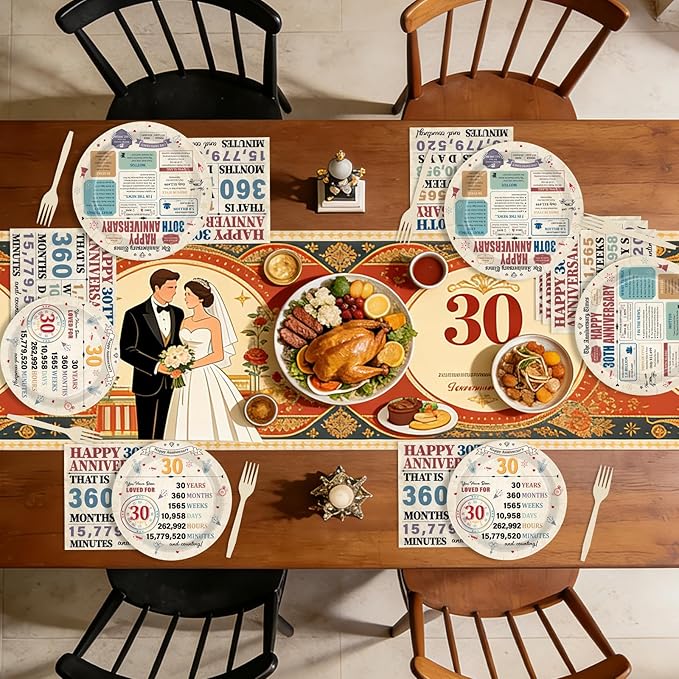 96Pcs 30th Anniversary Party Decorations Retro 30 Years Plates and Napkins 30th Anniversary Disposable Tableware Set for Vintage 30 Year Wedding Company Party Supplies Serves 24