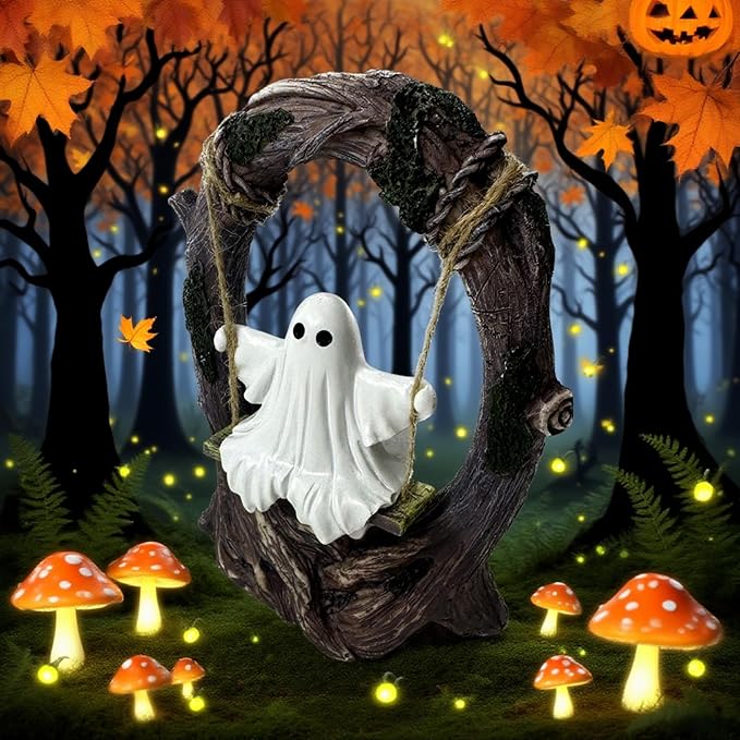 Swinging Ghost on Tree Swing, Cute Swinging Ghost Halloween Figurine Indoor Decoration, Desktop & Bookshelf Decor, Outdoor Courtyard Garden Decoration, Halloween Ghost Gift