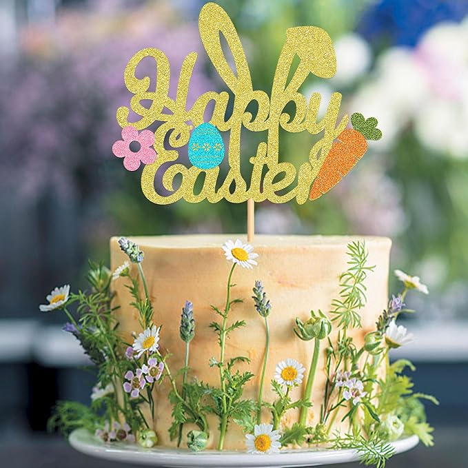 Ercadio 1 Pack Glitter Golden Happy Easter Cake Topper with Bunny Ear Easter Eggs Carrot Cake Pick for Easter Day Party Cake Decorations Table Centerpieces Supplies