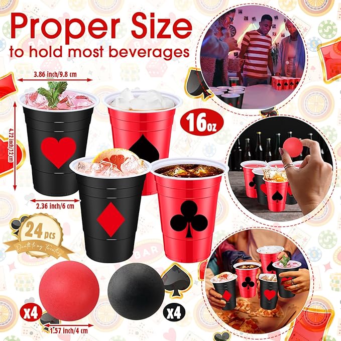 32 Pcs Party Game Supplies 16oz Red Black Plastic Cups with 8 Balls, Cups Set for Toss Games Supplies Birthday Game Night Decoration