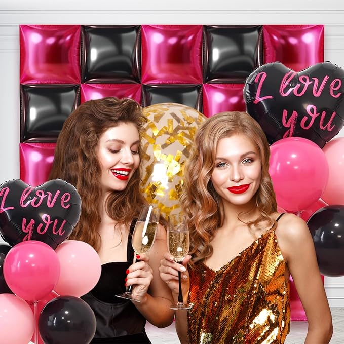 50PCS Hot Pink and Black Square Foil Balloon Wall, 19'' Reusable DIY Mylar Double Side Balloons Garland Tunnel Arch Kit for Anniversary Baby Shower Bachelorette Birthday Engagement Bridal Decor