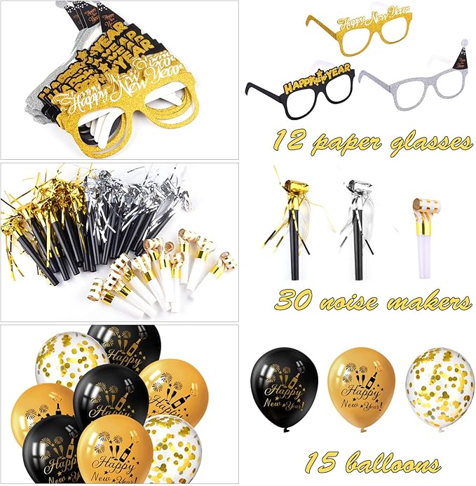 TUPARKA 57 Pcs 2026 New Years Eve Party Supplies Includes Paper Happy New Year Glasses，Party Blowouts Blowers Noisemakers and Black Gold Balloons，New Year Decorations NYE Party Supplies