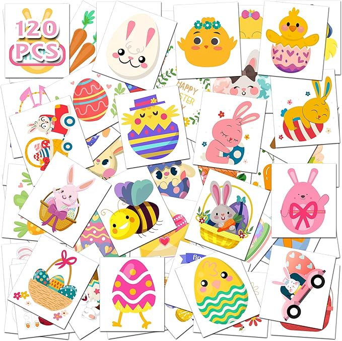 Easter Temporary Tattoos – 120Pcs Cute Designs – Bunny, Eggs, Chicks – Easter Basket Stuffers, Egg Hunt Favors, Classroom Gifts & Party Supplies