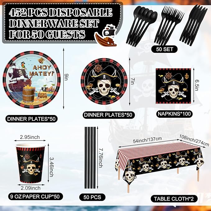 452 Pcs Party Supplies Serve 50 Guests, Paper Plates Napkins Cups Cutlery Plastic Tablecloth Dinnerware for Birthday Wedding Party Decoration(Red Black,Pirate)