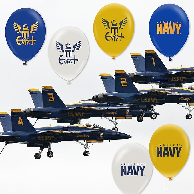 U.S. Navy Party Balloons (10 pcs)! 12” Latex balloons in Blue, White & Yellow with Striking Print on 2 sides. Officially Licensed U.S. Navy Decorations! Made in Italy. by Havercamp