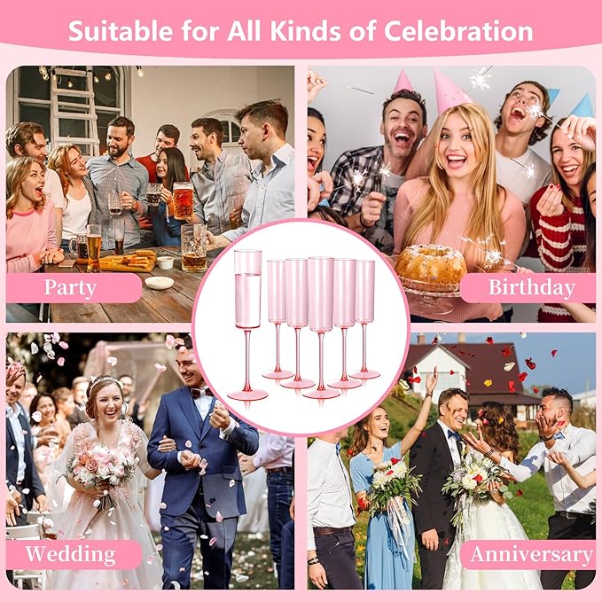Ciaell 24 Pack Pink Plastic Champagne Flutes - Pink 6 Oz Disposable Champagne Glasses - Square Plastic Toasting Glasses for Party Birthday Anniversary Wedding & Easter
