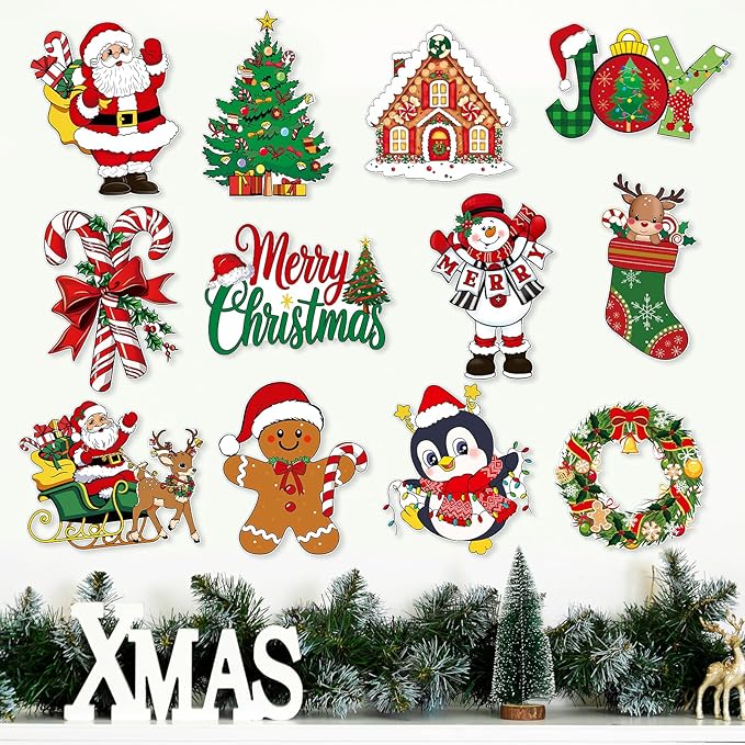 Large 11"x14" Vintage Christmas Cutouts Decorations Cardboard Cutout Set of 12, Vintage Christmas Red and Green Paper Cut Outs Party Decoration Indoor Outdoor, Retro Paper Xmas Cutouts Wall Decor