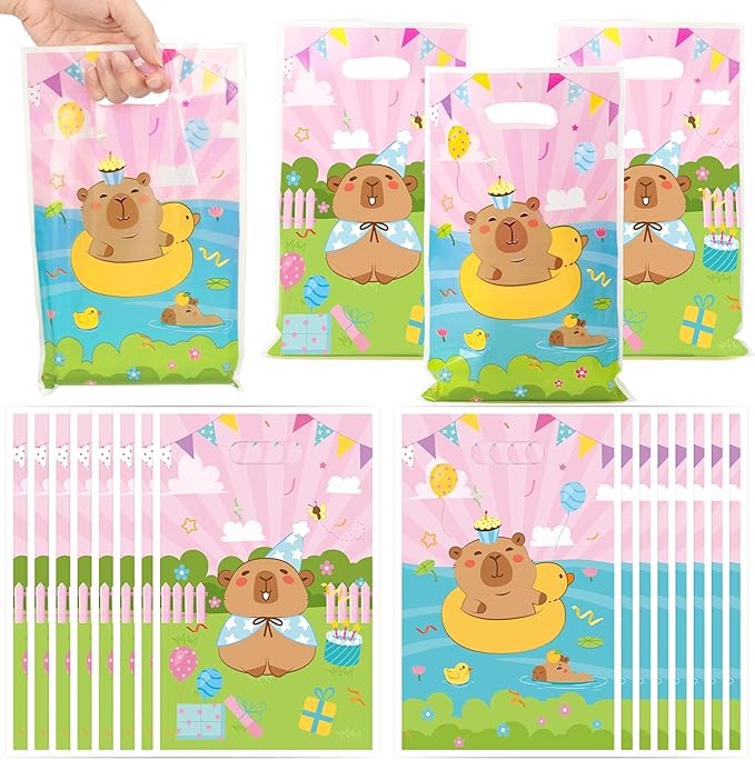 Capy Party Favor Bags - 50Pcs Pink Capy Patterns Goody Candy Treat Bags, Cute Animals Themed Party Decorations for Kids Boys Girls Birthday Baby Shower Animals Events Supplies