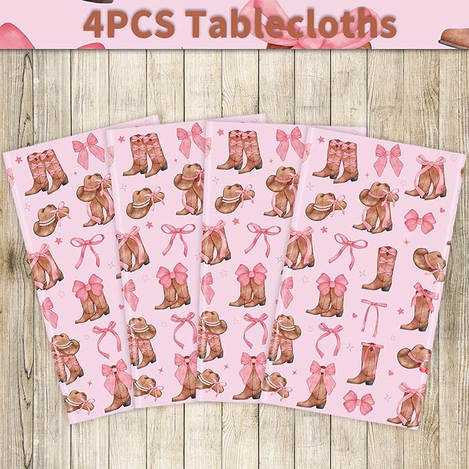 4Pcs Western Cowgirl Tablecloth Coquette Bow Cowgirl Birthday Party Tablecover 51x86 inch Cowboy Rodeo Table Cloth Western Theme Party Decoration Birthday Party Supplies