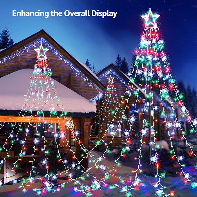 BlcTec Outdoor Christmas Lights 344 LED Christmas Star Lights with 9 Strands 11.9ft Waterfall Tree Lights, 8 Modes, Waterproof & Timer for Garden Yard Patio Outdoor Xmas Decorations，Red Green White