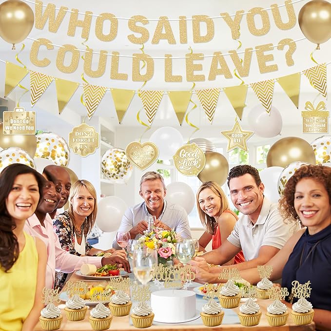 Roetyce Farewell Party Decorations, Champagne Gold Who Said You Could Leave Banner Cake Toppers Balloons Hanging Swirls, Going Away Retirement Leaving Party Decorations Coworker Goodbye Party Supplies