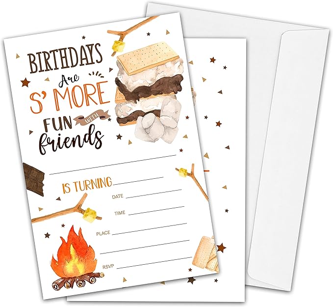 S'mores Birthday Party Invitations for Boys or Girls, S'more Bonfire Birthday Parties Supplies Decorations, Backyard Camping Theme Fill-in Invites, 4" x 6" Double-sided Cards(20 Invitations and