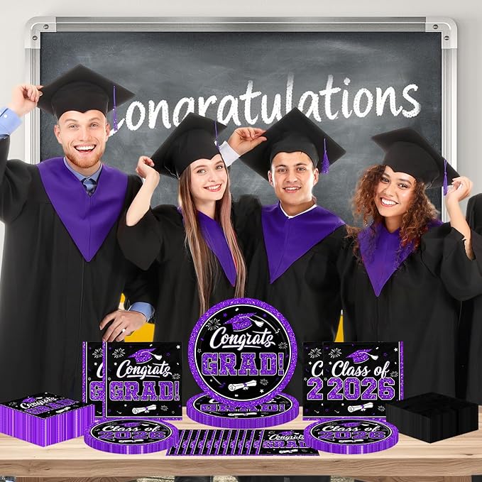 Graduation Decorations 2026 Graduation Party Plates and Napkins Set Black Purple Class of 2026 Graduation Party Supplies for Congrats Grad Party Decor, Serve 50