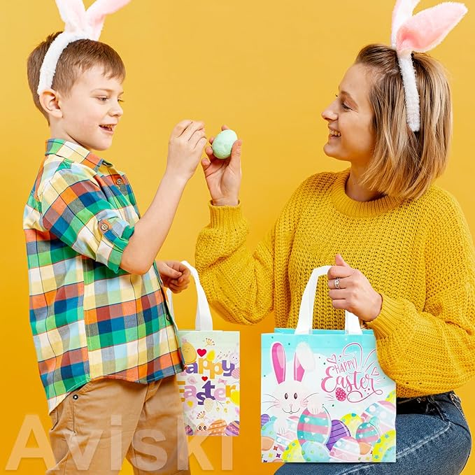 Aviski 12PCS Happy Easter Egg Hunt Bags Assorted Sizes Bunny Carrot Chick Egg Gift Bag with Handles, Easter Treat Bags, Non-Woven Gifts Wrapping, Spring Party Supplies