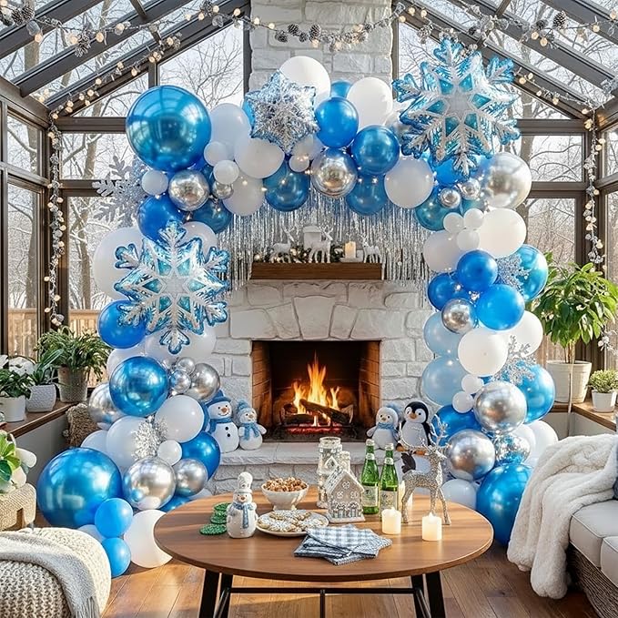Winter Wonderland Balloon Garland arch kit 120Pcs large Snowflake Chrome Blue white Balloons For Snow Queen Princess Boy Birthday Party Baby its cold outside baby shower decorations