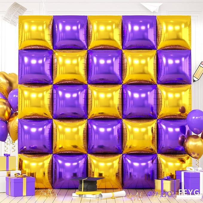 Metallic Purple Gold and Silver Double Sided Square Foil Balloons Wall,19 Inches Chrome Foil Balloons Tunnel Arch Kit for Bachelorette,Anniversary,Graduation,Birthday Party Background Decoration