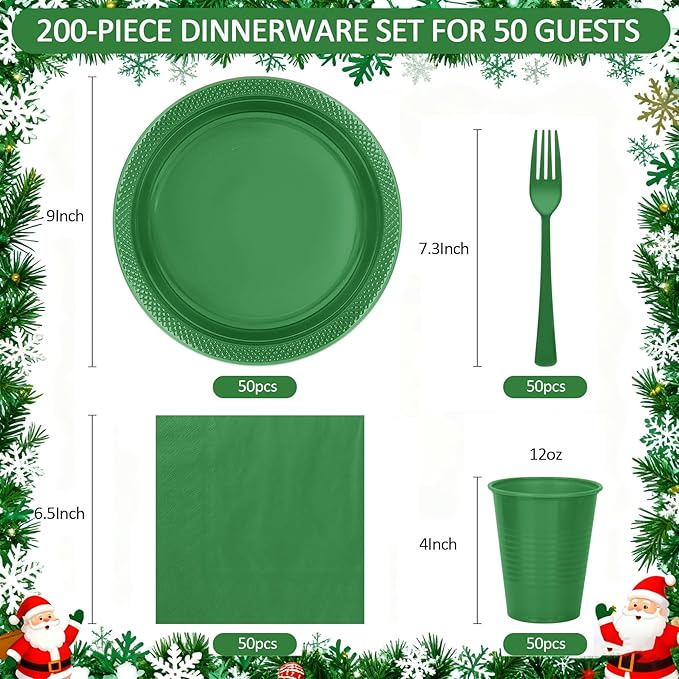 Disposable Green Plastic Plates for Party, 9'' Green Party Plates and Cups and Napkins Set for 50 Guests, Party Supplies Dinnerware for Birthday,Wedding, Christmas, BBQ