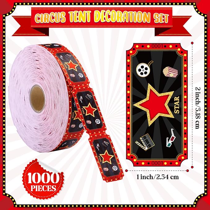 Cholemy 1000 Pcs Movie Tickets Roll Movie Night Party Invitations Carnival Raffle Tickets Numbered Card Events Door Prizes Drinks Entry for Theater Theme Birthday Party Favors Supplies (Movie Night)