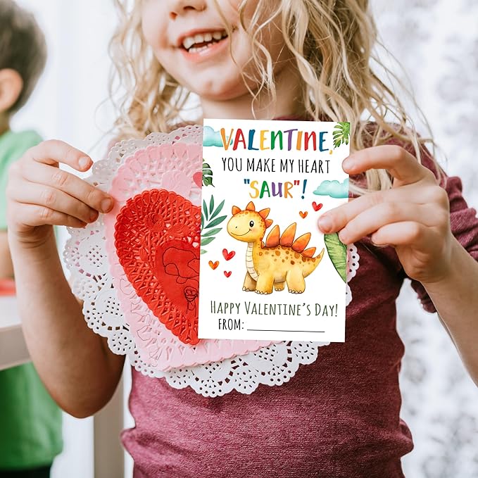 Pawzity 36 Packs Valentines Day Cards for Kids - Dinosaur Valentines Day Card for Kids Classroom School Party Favors, Boys, Girls, Toddlers - 3.2''x 4.7'' Dino Cards Exchange & Envelopes, Stickers
