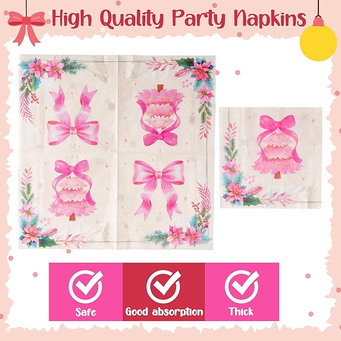 Christmas Coquette Pink Bow Xmas Tree Party Plate Supplies - Serves 24-96Pcs Party Tableware Decoration Disposable Paper Plate Napkin Fork for Winter Holiday Birthday Bachelorette