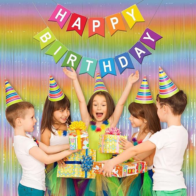 Melsan Pastel Tinsel Backdrop for Easter Decorations, Macaron Rainbow Foil Fringe Curtains 3.2 ft x 8.2 ft for Birthday Party Photo Booth Props Decoration, 2 Pack
