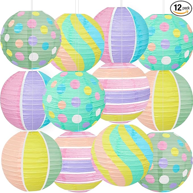 ADLKGG Pastel Paper Lanterns for Easter Party Decorations, 12pcs Macaron Colored Hanging Paper Lanterns for Classroom Baby Shower Wedding Birthday Party, Easy to Assemble Indoor Outdoor Yard Decor