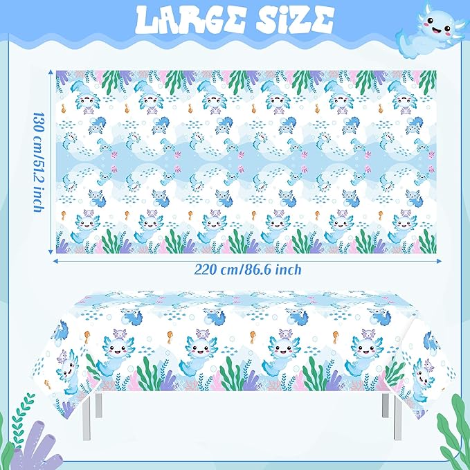 Axolotl Plastic Party Tablecovers - 3 Pack Blue Cartoon Axolotl Table Cover Decorations Disposable Waterproof Rectangle Plastic Tablecloths Rectangle Kids Birthday Baby Shower Camping Events