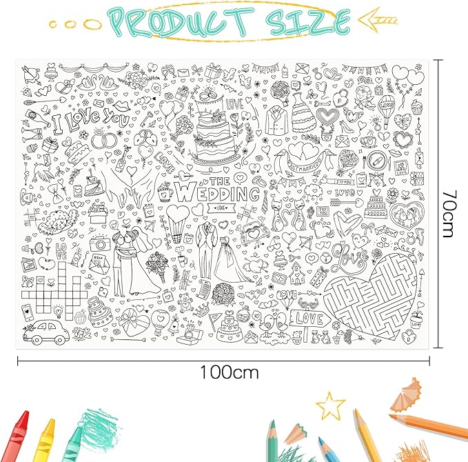 GWHOLE Giant Coloring Poster, 40 x 28 Inch Large Wedding Themed Coloring Tablecloth Colorable Table Cloth for Home School Wedding Bridal Shower