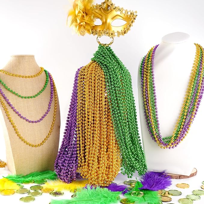 50PCS Mardi Gras Beads Bulk, 33'' Metallic Purple Green Gold Mardi Gras Beads Necklaces Accessories, Carnival Beaded Necklace for Parade Throws Costumes Accessory Party Decorations Supplies Favors