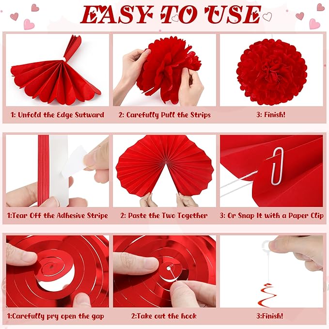 26PCS Valentines Decorations, Happy Valentines BE MINE Banner, Heart Felt Garland Paper Fans POMPOM Flowers, Red Pink Hanging Swirls for Heart Love Party Decorations Decor Wedding Supplies