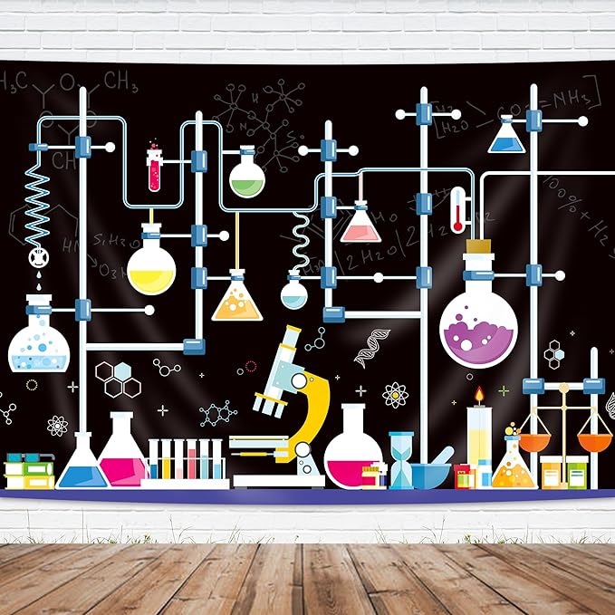 Imirell Chemical Science Birthday Backdrop 7Wx5H Feet Experiments for Kids Boys Chemistry Lab Mad Scientist Research Polyester Fabric Cool Photography Backgrounds Photo Shoot Decor Props Decoration