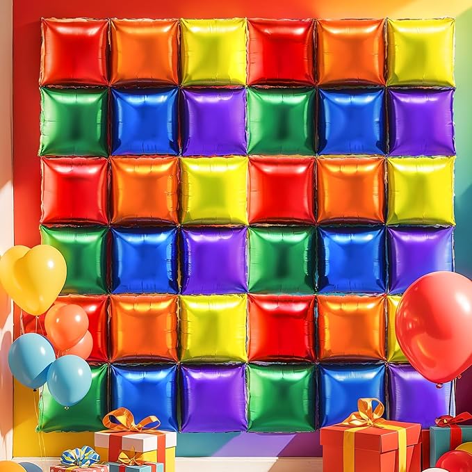 36 Pcs Rainbow Birthday Decorations Balloons Brick Square Foil Balloon Wall Backdrop Arch Kit Double Sided Metallic for Cartoon Video Game Party Supplies(Red Yellow Blue Green Orange Purple)