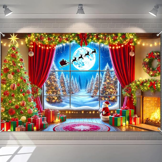 Merry Christmas Backdrop 71x43 Inch Winter Forest Photography Banner with Santa Sleigh Fireplace Moon Scene and Red Curtain Decorations for Holiday Party Wall Display