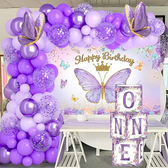 Butterfly First Birthday Decorations for Girl, Purple Butterfly Themed 1st Birthday Party Balloon Arch Kit with Backdrop Boxes Foil Balloons Wall Decor, Princess Bday Party Supplies
