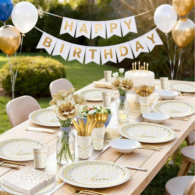 168 Pcs Paper Plates and Napkins Party Supplies, White and Gold Disposable Plates for 24 Guests, Golden Dot Party Plates, Napkins, Cups and Utensils Set for Birthday Wedding Graduation Party Decor