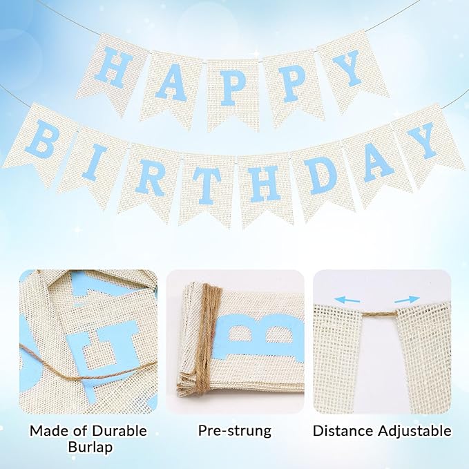 Burlap Happy Birthday Banner, Blue Assembled Happy Birthday Banner Sign Garland for Boys Girls Rustic Party Decorations