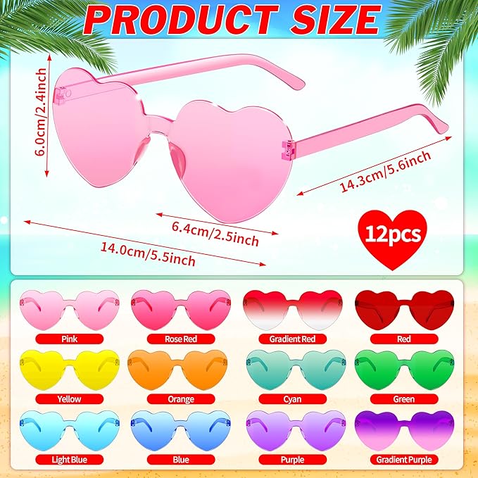 2/4/8/12/20 Pairs Heart Shaped Sunglasses Transparent Heart Glasses Rimless Trendy Eyewear for Valentines Party Favor